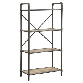 Three Tier Metal Bookshelf With Wooden Shelves, Oak Brown & Gray (Material: Metal Wood  Veneer (Paper) Engineered Wood, Color: Brown And Gray)