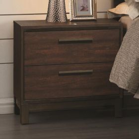 Wooden Nightstand with Two Drawers and Metal Bar Handles, Brown (Material: Wood Metal, Color: Brown)