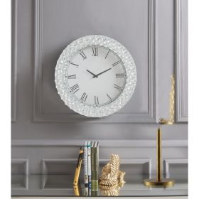 Wood & Mirror Round Analog Wall Clock, White (Material: Engineered wood, Faux crystal, Mirror, Color: White, Clear)