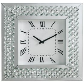 Wood & Mirror Square Analog Wall Clock, White (Material: Faux crystals, Mirror, Engineered wood, Color: Silver)