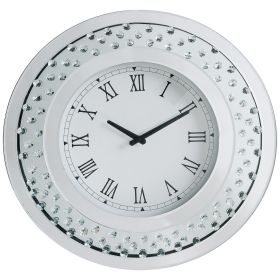 Wood & Mirror Round Analog Wall Clock, White (Material: Faux crystals, Mirror, Engineered wood, Color: Silver)