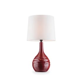 Table Lamp with Textured Ceramic Base and Drum Shaped Shade, Red (Material: Ceramic, Color: Red)