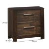 Wooden Nightstand with Two Drawers and Metal Bar Handles, Brown