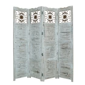 Wooden 4 Panel Screen with Textured Panels and Scrolled Details, White (Material: Solid Cedar Wood and Metal, Color: White)