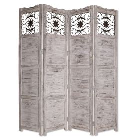 Wooden 4 Panel Screen with Textured Panels and Scrolled Details, White (Material: Solid Cedar Wood and Metal, Color: Gray)