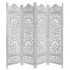 Handcrafted Wooden 4 Panel Room Divider Screen Featuring Lotus Pattern Reversible