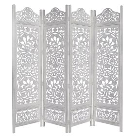 Handcrafted Wooden 4 Panel Room Divider Screen Featuring Lotus Pattern Reversible (Material: Mango Wood MDF, Color: White)