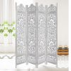 Handcrafted Wooden 4 Panel Room Divider Screen Featuring Lotus Pattern Reversible