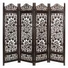 Handcrafted Wooden 4 Panel Room Divider Screen Featuring Lotus Pattern Reversible