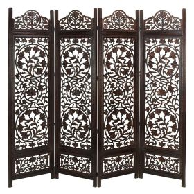 Handcrafted Wooden 4 Panel Room Divider Screen Featuring Lotus Pattern Reversible (Material: Mango Wood MDF, Color: Brown)